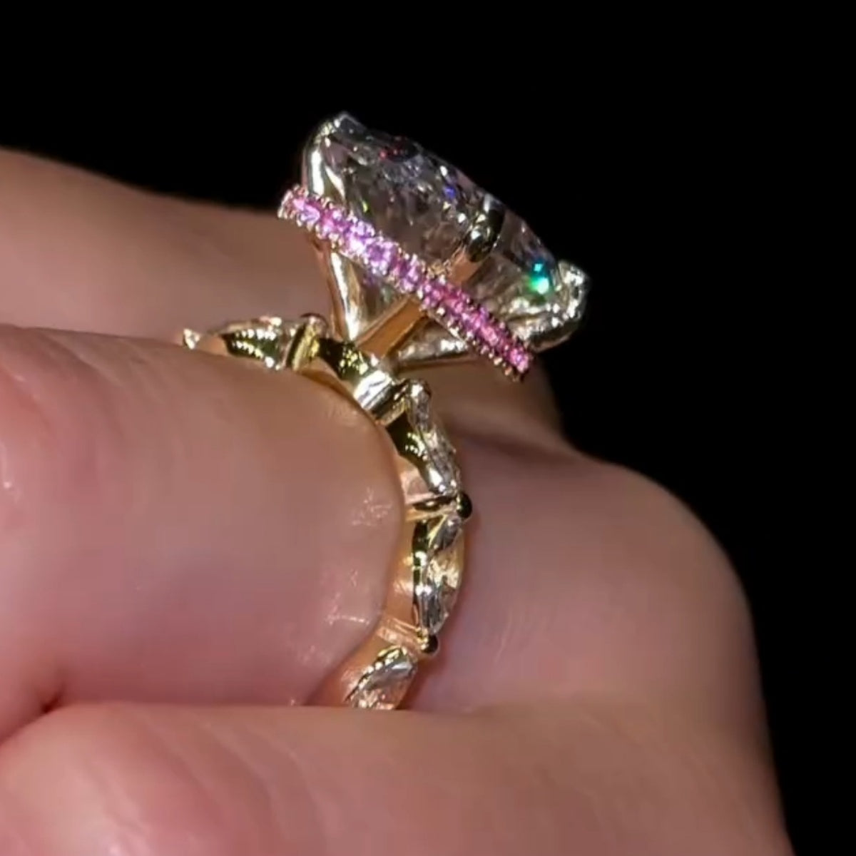 Breathtaking 8.0ct Oval Cut Marquise Bubble Band & Pink Halo Engagement Ring In Sterling Silver