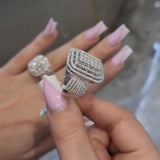 Chunky Square Radiant Cluster • Bold 5ct Look Double Halo Multi-Row Iced Out Engagement Ring In Sterling Silver