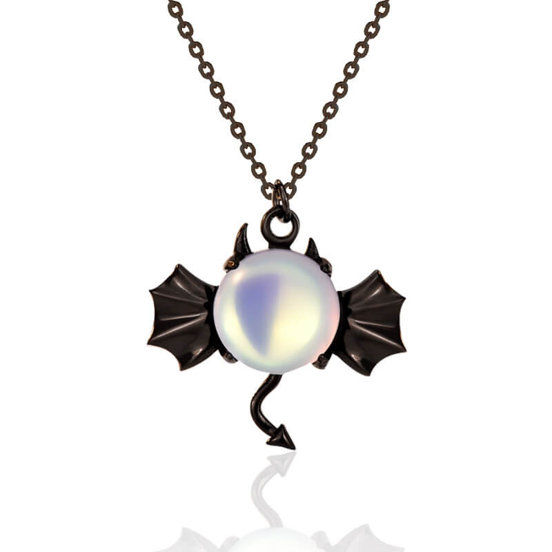 Halloween Moonstone Bat Design Necklace In Sterling Silver