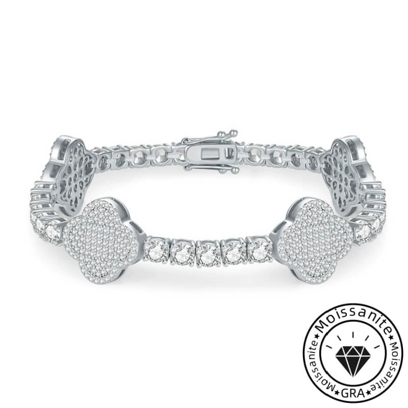 Tassel-trimmed round cut moissanite bracelet, rhodium plated, 925 sterling silver