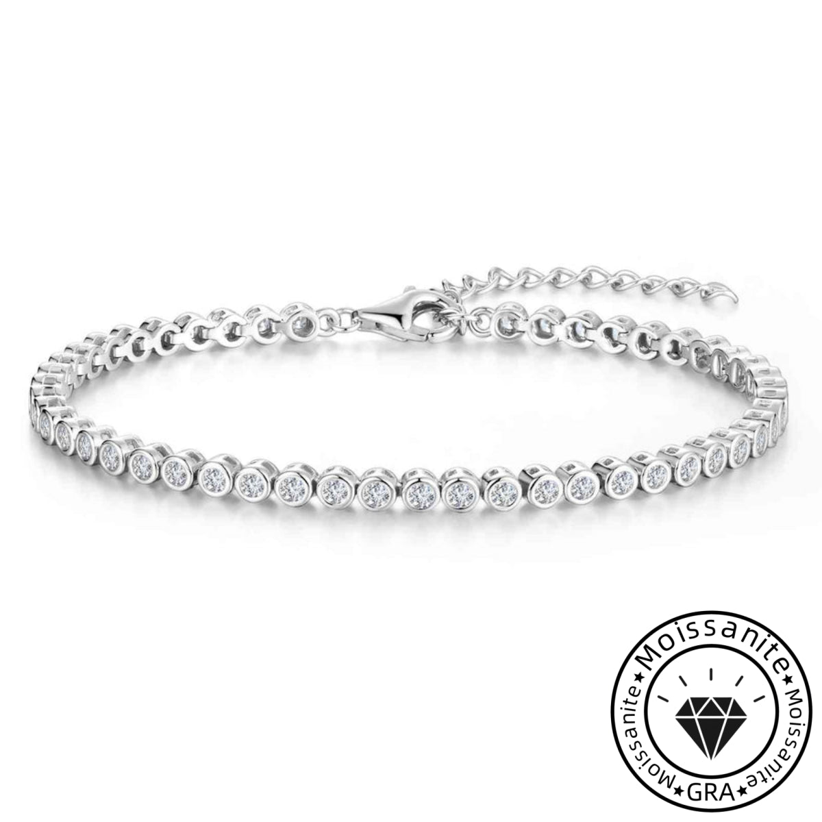 Solarii "Orbit" round cut moissanite bracelet, rhodium plated, 925 sterling silver
