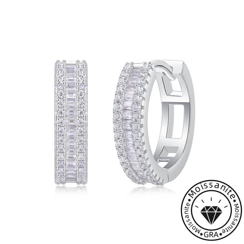 Emerald Cut Moissanite Hoop Earrings in White Gold Plating, 925 Sterling Silver