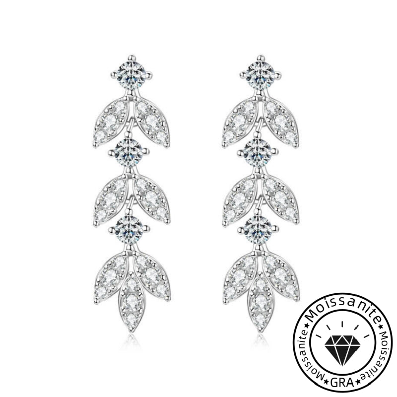 Moissanite 925 Sterling Silver Leaf Design Round Cut Drop Earrings
