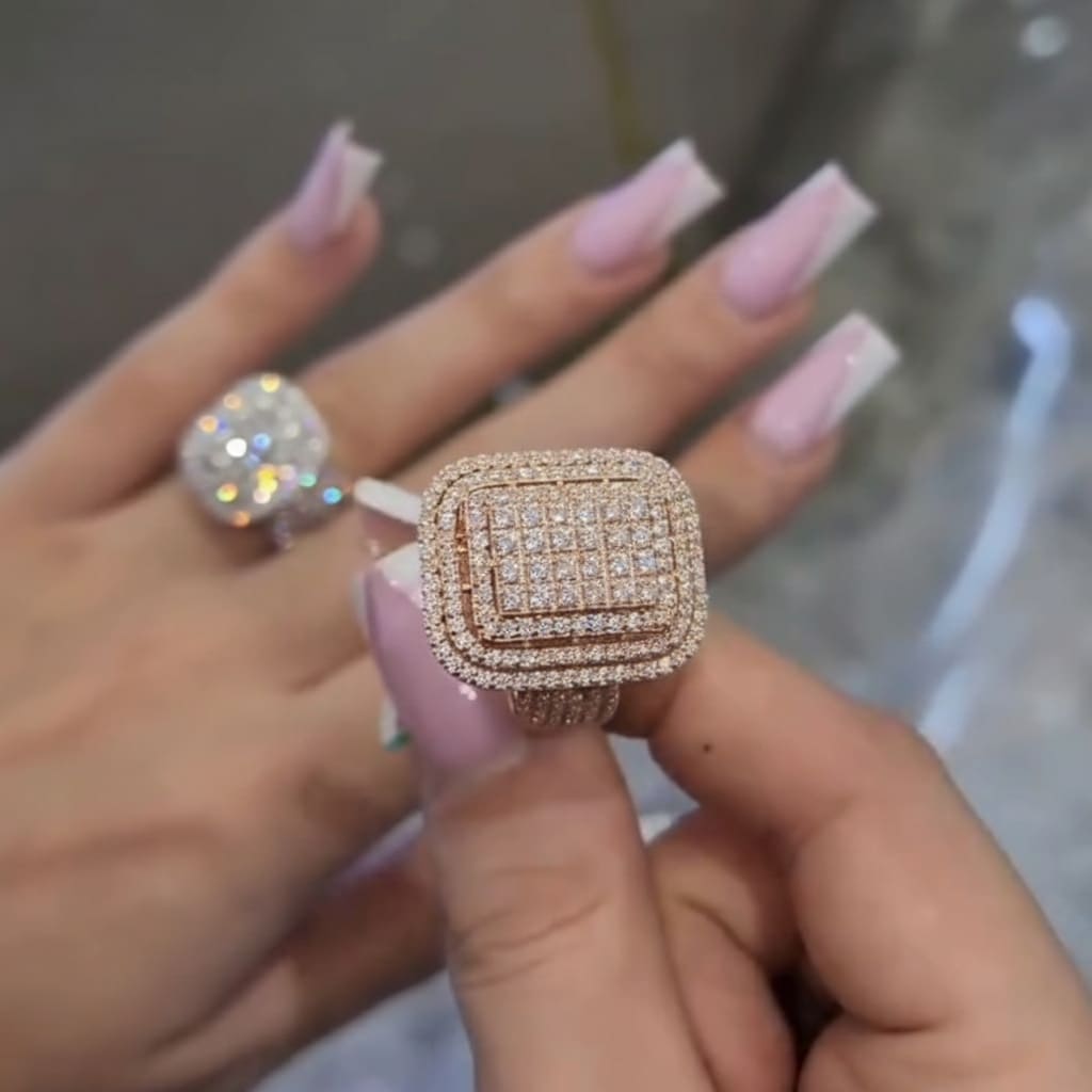 Chunky Square Radiant Cluster • Bold 5ct Look Double Halo Multi-Row Iced Out Engagement Ring In Sterling Silver