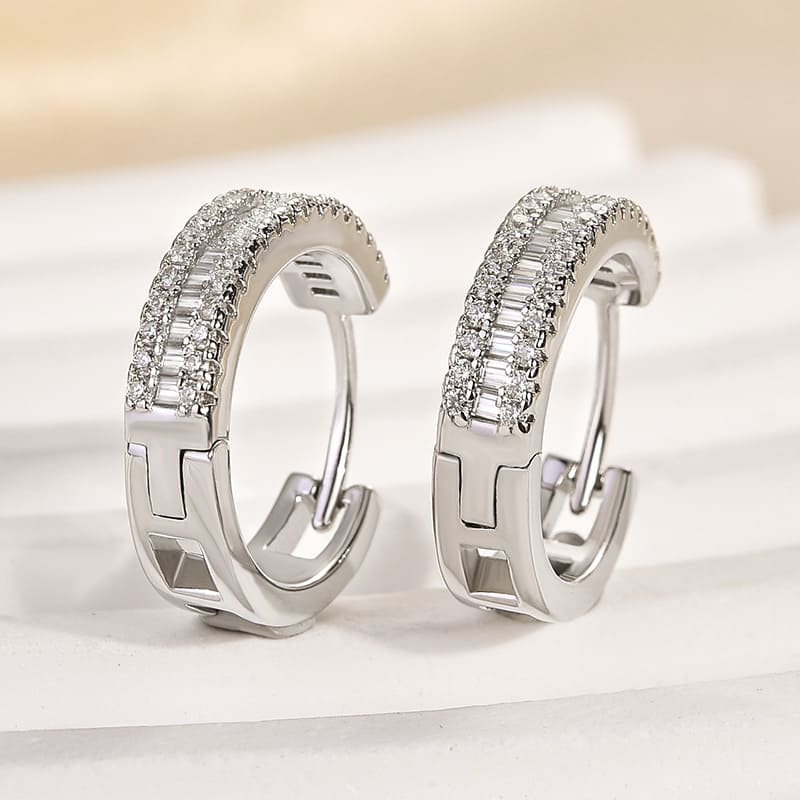 Emerald Cut Moissanite Hoop Earrings in White Gold Plating, 925 Sterling Silver
