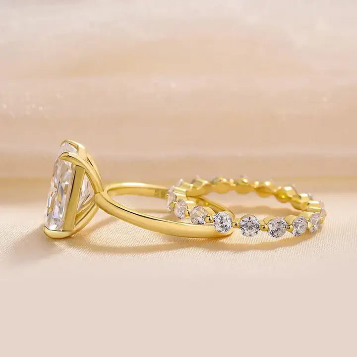 Radiant Cut White Stone and Round Cut White Stone Set Rings with Yellow Gold Plating