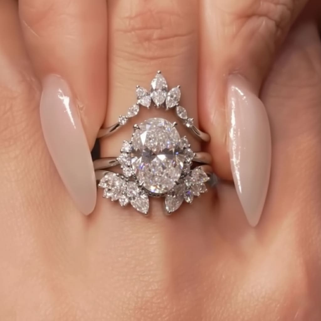 Vintage Oval Cut 5.0 Ct Solitaire 3pc Crown Stacking Wedding Ring Set 925 Sterling Silver