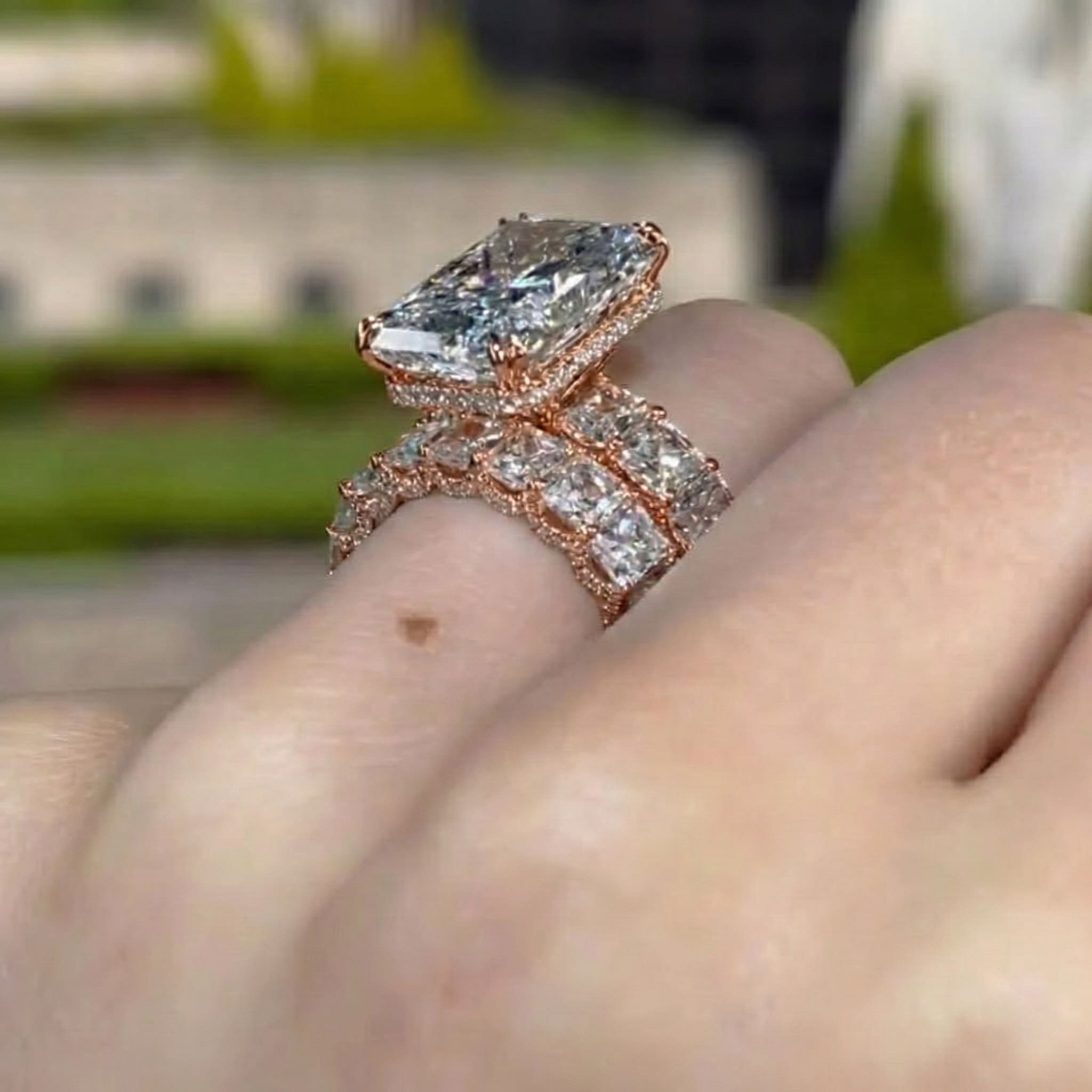 Glistening-hued Radiant Cut 5.0ct Pave 925 Sterling Silver Wedding Ring Set