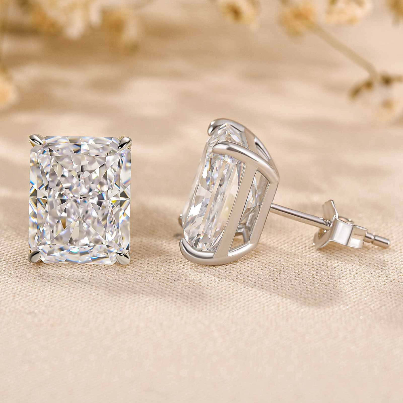 Delicate Radiant Cut Women's Stud Earrings In Sterling Silver