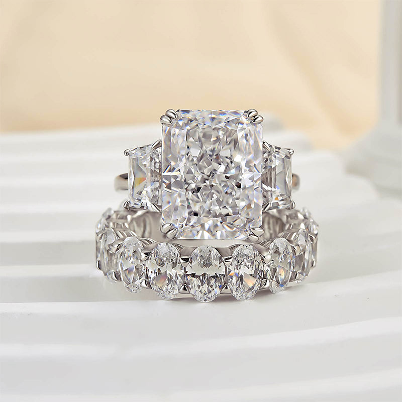 Sumptuous Radiant Cut 8.0ct Three Stone 925 Sterling Silver Wedding Ring Set