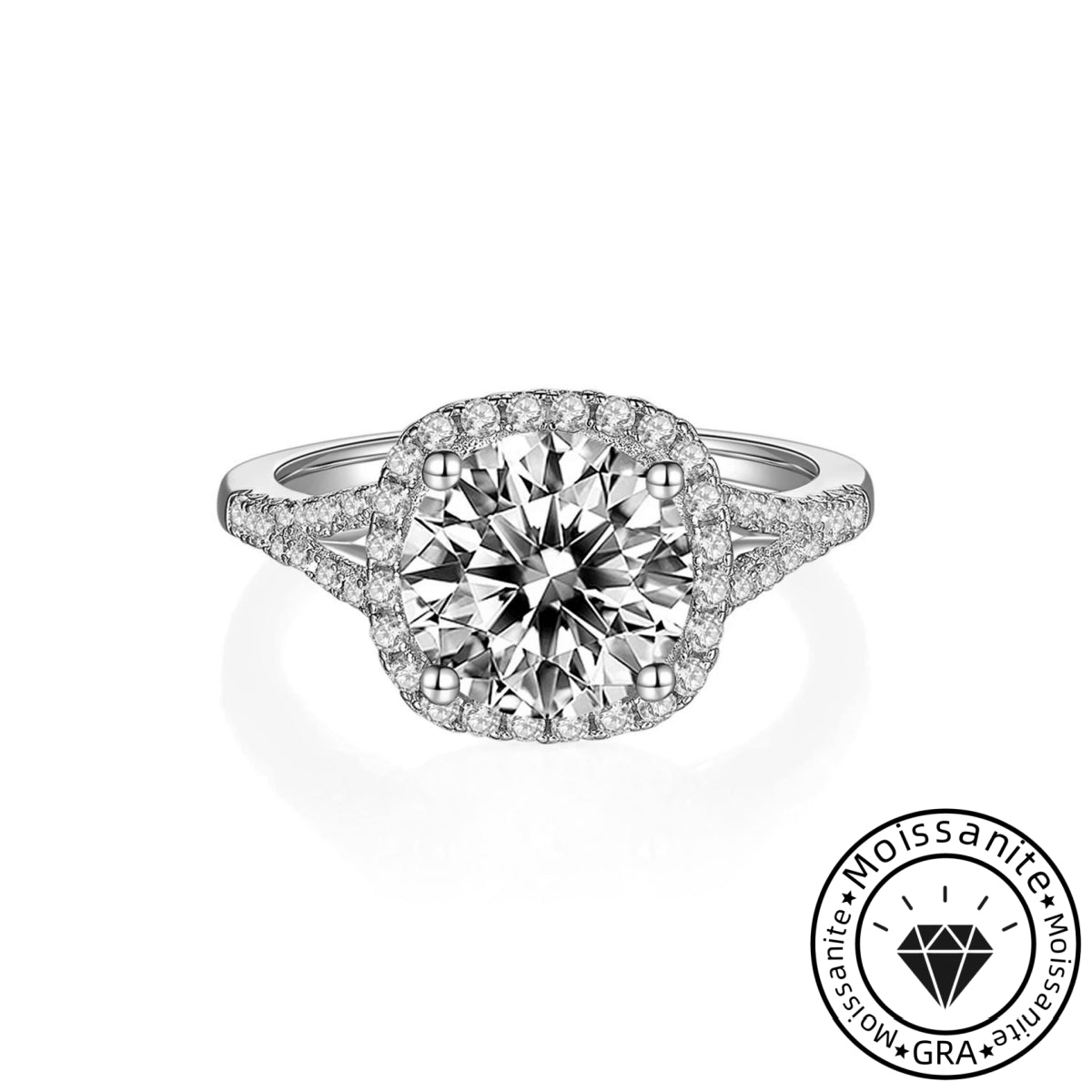 Twinkling Solarii Moissanite 2.0ct Round Cut 925 Sterling Silver Split Shank Engagement Ring