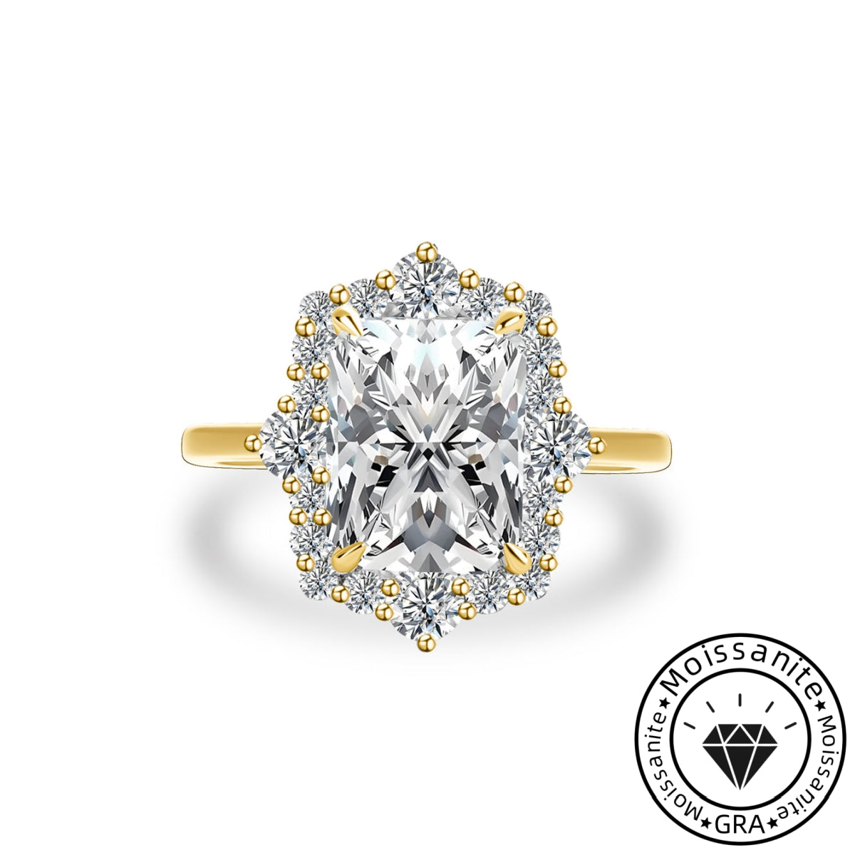 Artful Solarii Moissanite 3.0ct Radiant Cut 925 Sterling Silver Halo Design Engagement Ring