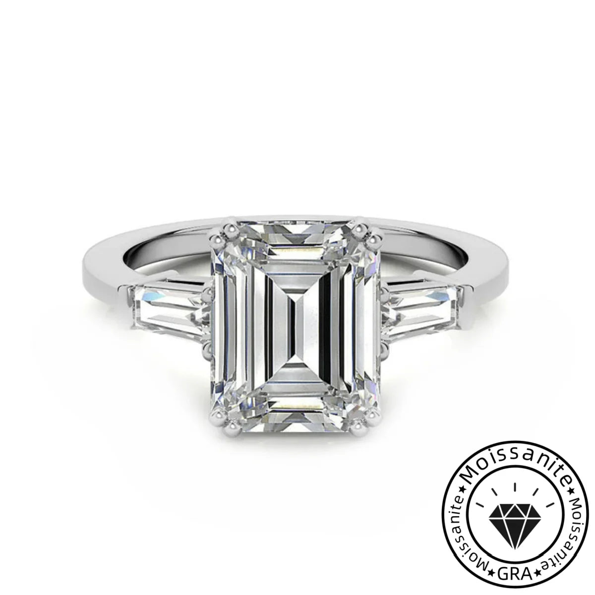 Solarii Moissanite 2.0ct Emerald Cut Three Stones 925 Sterling Silver Engagement Ring