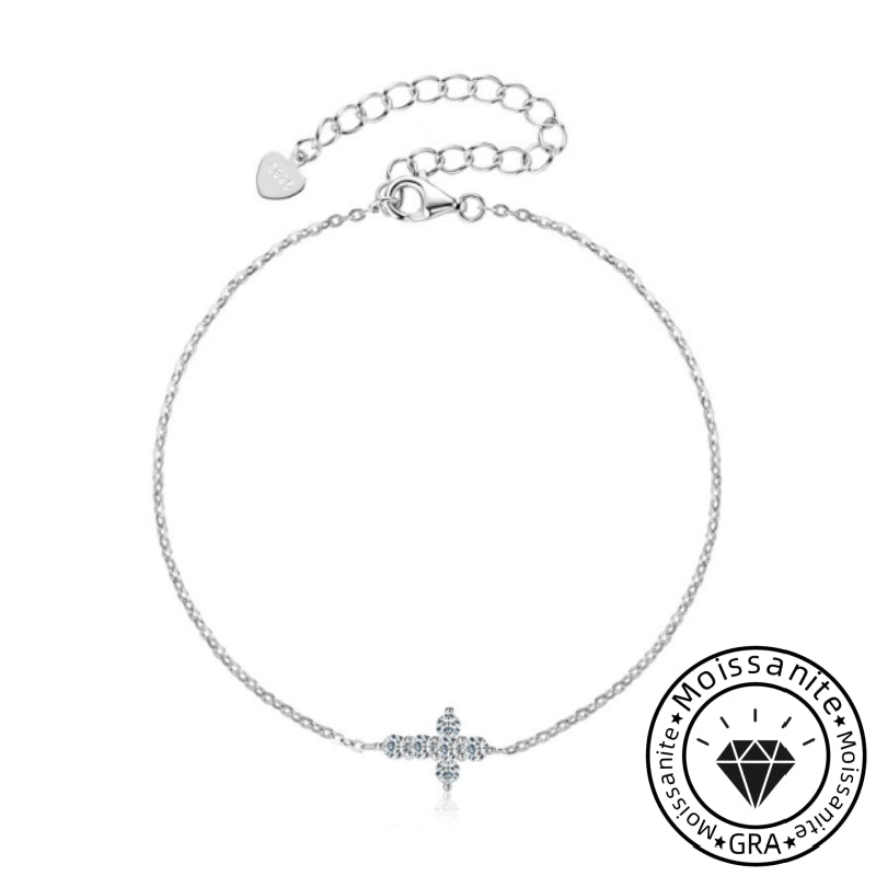 Round Cut Moissanite Cross Bracelet in Sterling Silver
