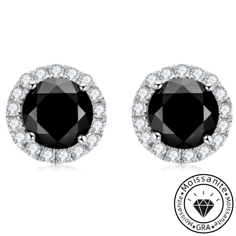925 Sterling Silver Moissanite Black Stone Round Cut Stud Earrings