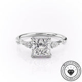 Embellished Solarii Moissanite 2.0ct Princess Cut 925 Sterling Silver Side Stone Engagement Ring