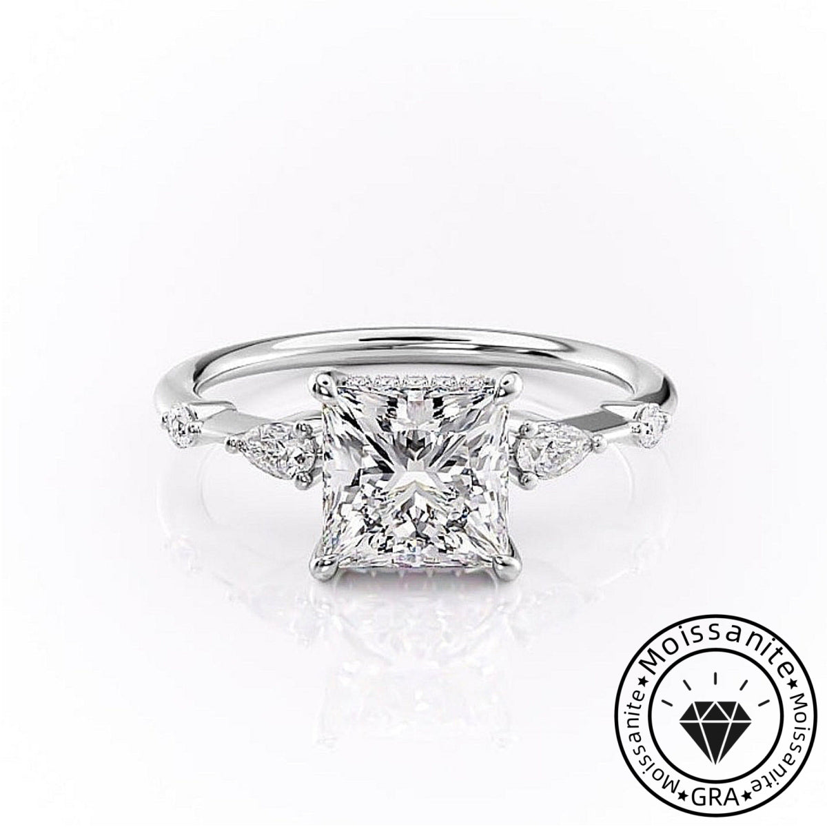 Embellished Solarii Moissanite 2.0ct Princess Cut 925 Sterling Silver Side Stone Engagement Ring