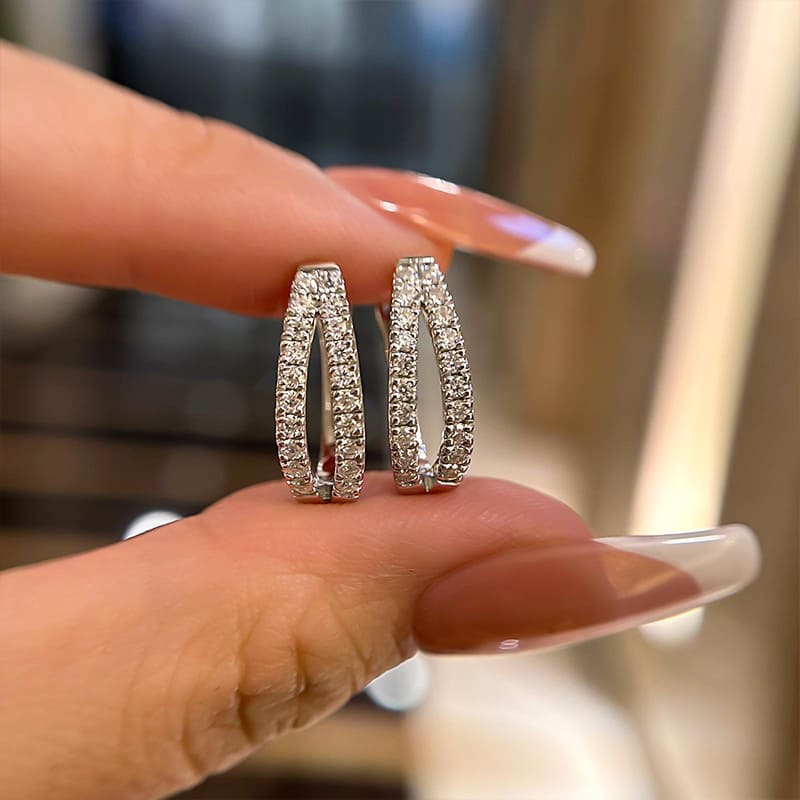 Emerald Cut Moissanite Hoop Earrings in White Gold Plating, 925 Sterling Silver