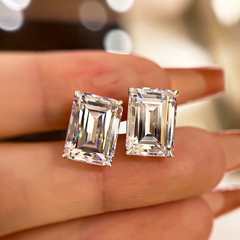Timeless Emerald Cut Women's Stud Earrings In Sterling Silver