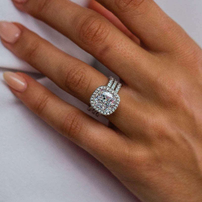 Elegant Halo Cushion Cut 3PC Wedding Set In Sterling Silver