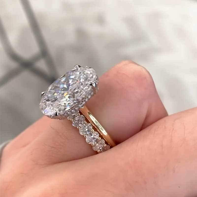 Solarii Luxury Yellow Gold Oval Cut  Wedding Ring Set In Sterling Silver