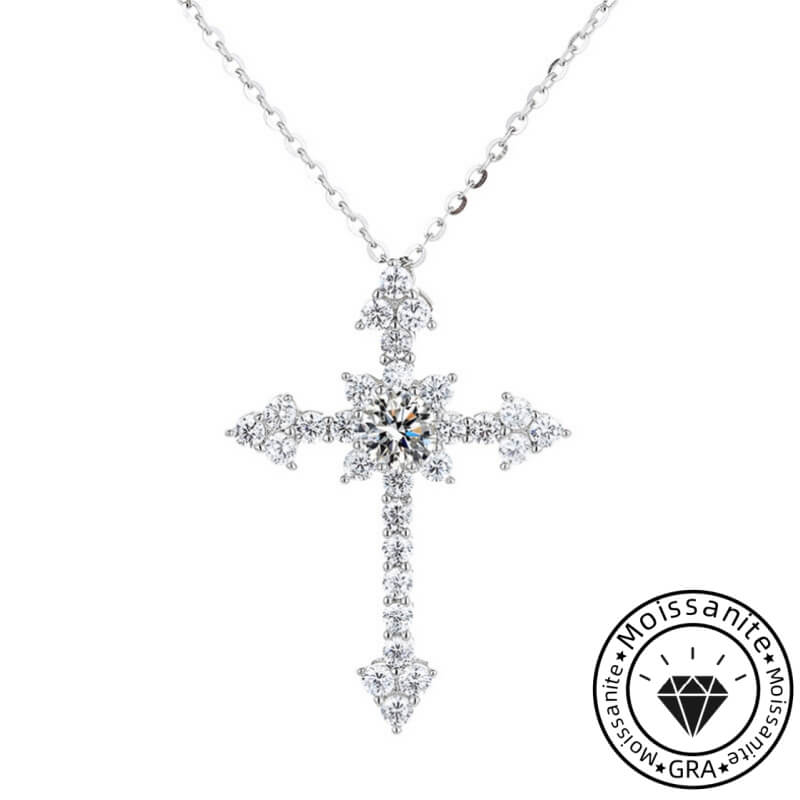 Round Cut Moissanite Cross Necklace with White Gold Plating, 925 Sterling Silver (0.5CT/1.0CT)