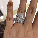 Sumptuous Radiant Cut 8.0ct Three Stone 925 Sterling Silver Wedding Ring Set