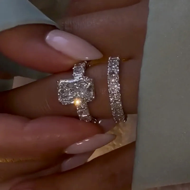 Brilliant Radiant Cut 5.0ct Hidden Halo 925 Sterling Silver Wedding Ring Set