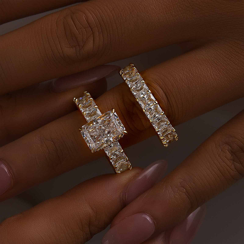 Dimensional Radiant Cut 3.0ct Pave 925 Sterling Silver Wedding Ring Set