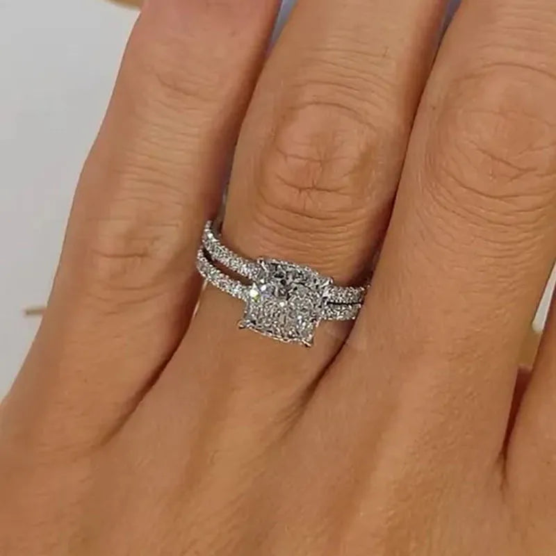 Chunky Cushion Cut 3 Ct Pave 925 Sterling Silver Wedding Ring Set