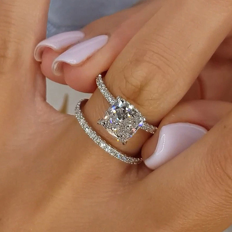Chunky Cushion Cut 3 Ct Pave 925 Sterling Silver Wedding Ring Set