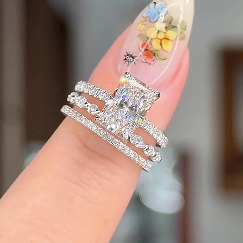 Elegant Radiant Cut 4.0ct Sterling Silver 3PC Ring Set