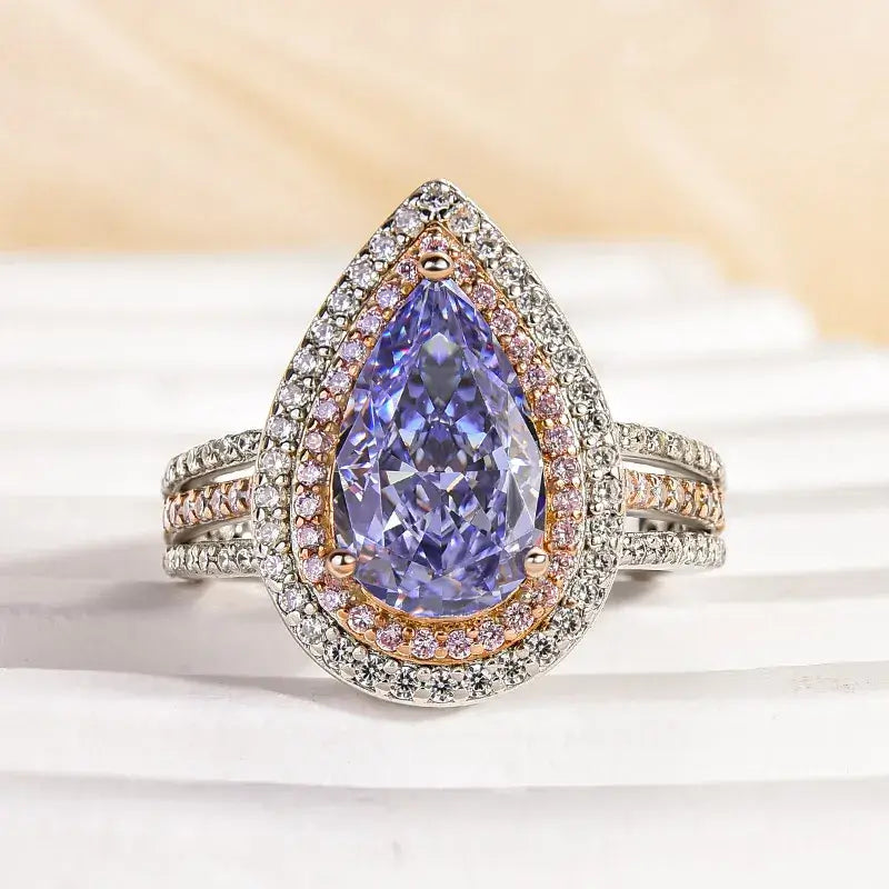 Sterling Silver Double Halo Pear Cut Blue Stone Engagement Ring
