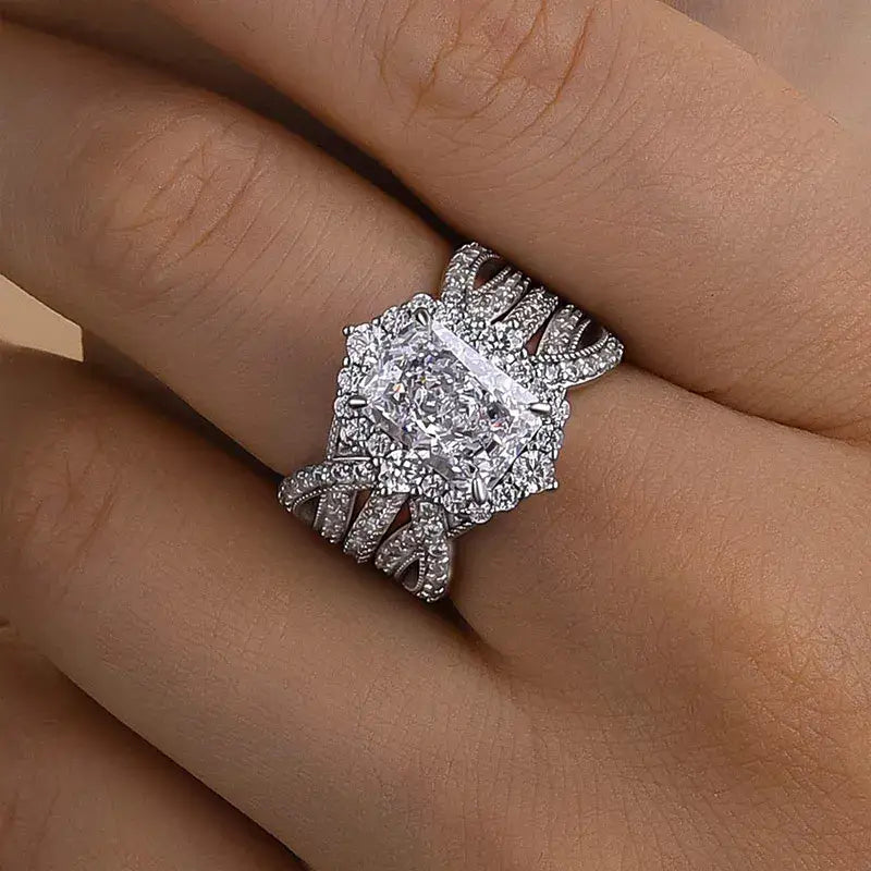 Luxurious Radiant Cut 925 Sterling Silver Bridal Set