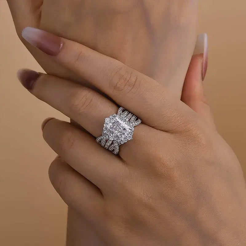 Luxurious Radiant Cut 925 Sterling Silver Bridal Set