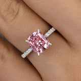 Chic Cushion Cut 3.0ct Pink Stone Hidden Halo Engagement Ring In Sterling Silver