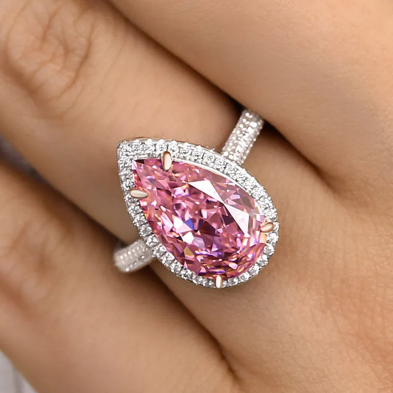 Pink Pear Cut Simulated Diamonds Ring, White Gold, 925 Silver.