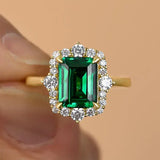 Vintage Halo Emerald Cut 3.0ct Emerald Green Engagement Ring In Sterling Silver