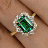 Vintage Halo Emerald Cut 3.0ct Emerald Green Engagement Ring In Sterling Silver