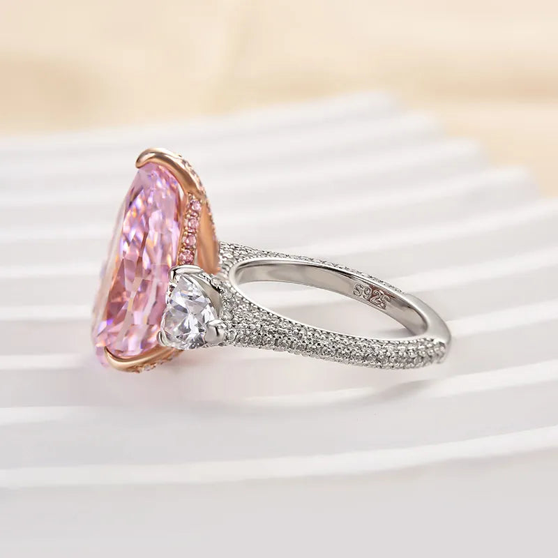 Elegant Pink Stone Pear Cut Sterling Silver Three Stone Engagement Ring