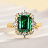 Vintage Halo Emerald Cut 3.0ct Emerald Green Engagement Ring In Sterling Silver