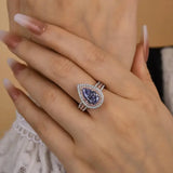 Sterling Silver Double Halo Pear Cut Blue Stone Engagement Ring