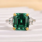 Regal Asscher Cut 4.5ct Emerald Green Three Stone Engagement Ring In Sterling Silver