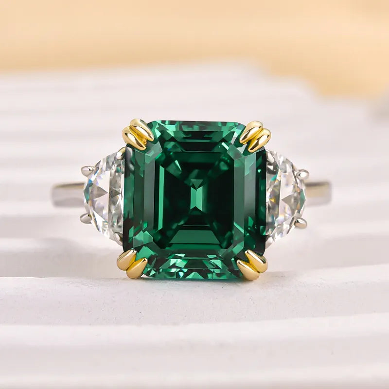Regal Asscher Cut 4.5ct Emerald Green Three Stone Engagement Ring In Sterling Silver