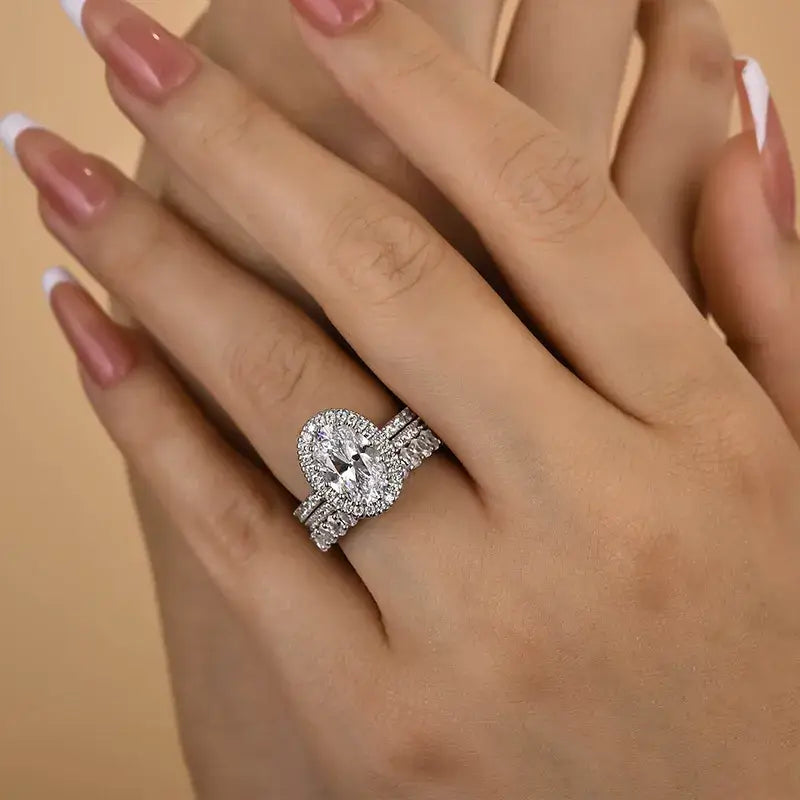 Classic Oval Cut Halo Bridal Set Sterling Silver