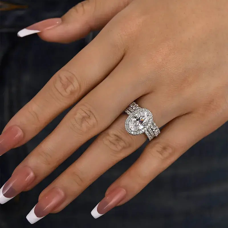 Classic Oval Cut Halo Bridal Set Sterling Silver
