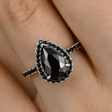 Halloween Halo Pear Cut Black Stone Engagement Ring In Sterling Silver