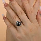 Halloween Halo Pear Cut Black Stone Engagement Ring In Sterling Silver