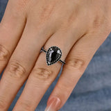 Halloween Halo Pear Cut Black Stone Engagement Ring In Sterling Silver