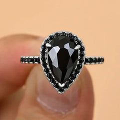 Halloween Halo Pear Cut Black Stone Engagement Ring In Sterling Silver